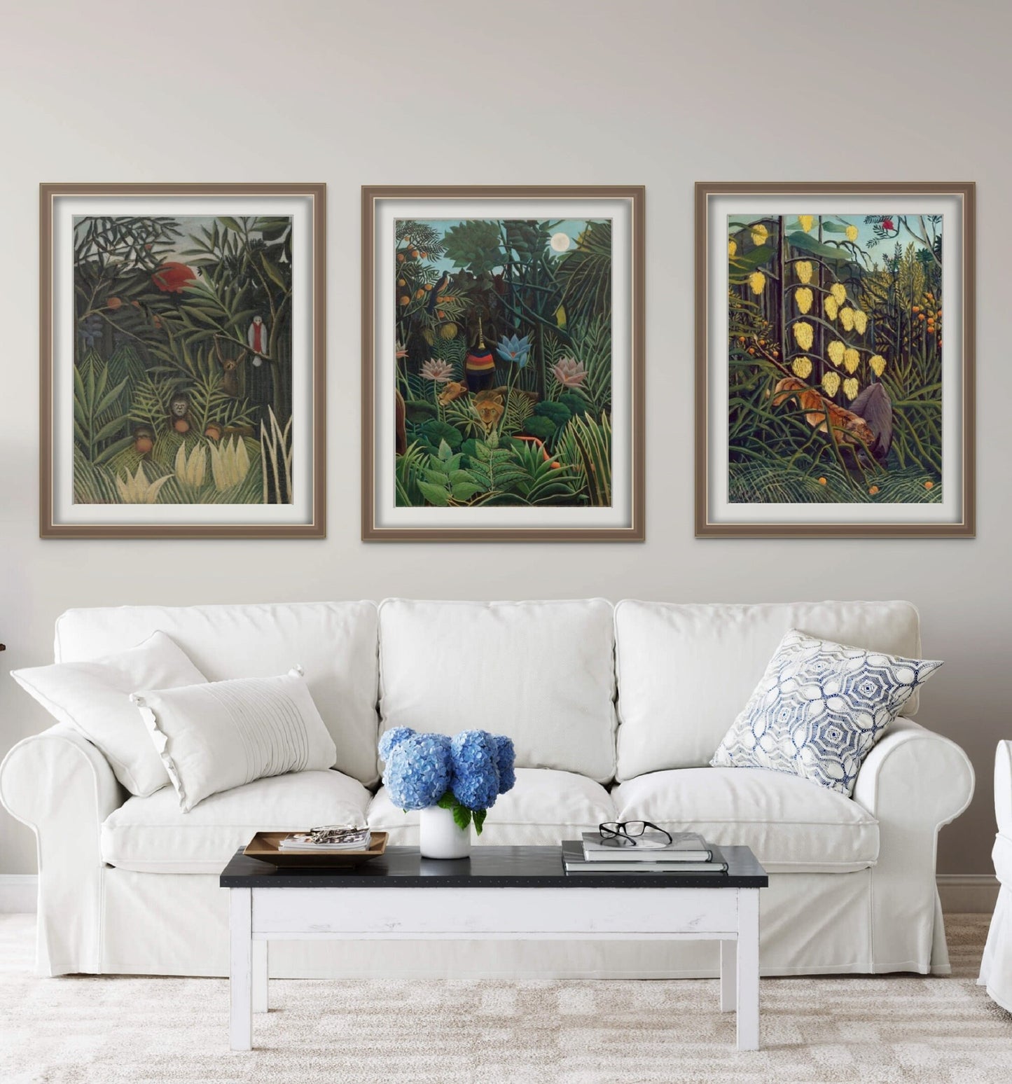 Henri Rousseau wall Art Set of 3 Green Tropical Jungle, Floral Botanical Prints, Modern Art Emerald Green Wall Decor FOSHE ART