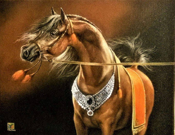 Brown Arabian Horse, Gliclée canvas premium print with brush strokes and golden vintageous frame looks like original & Gift for Horse Lovers FOSHE ART