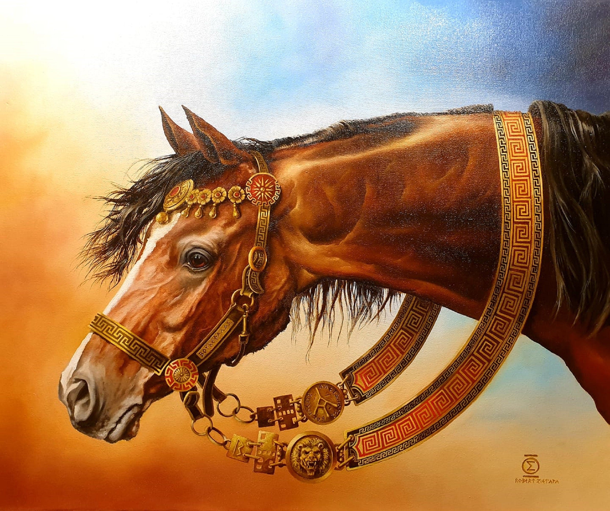 BUCEPHALUS Alexander the Great horse Framed Gliclée canvas with hand-applied brush strokes and golden vintageous frame | looks like original FOSHE ART