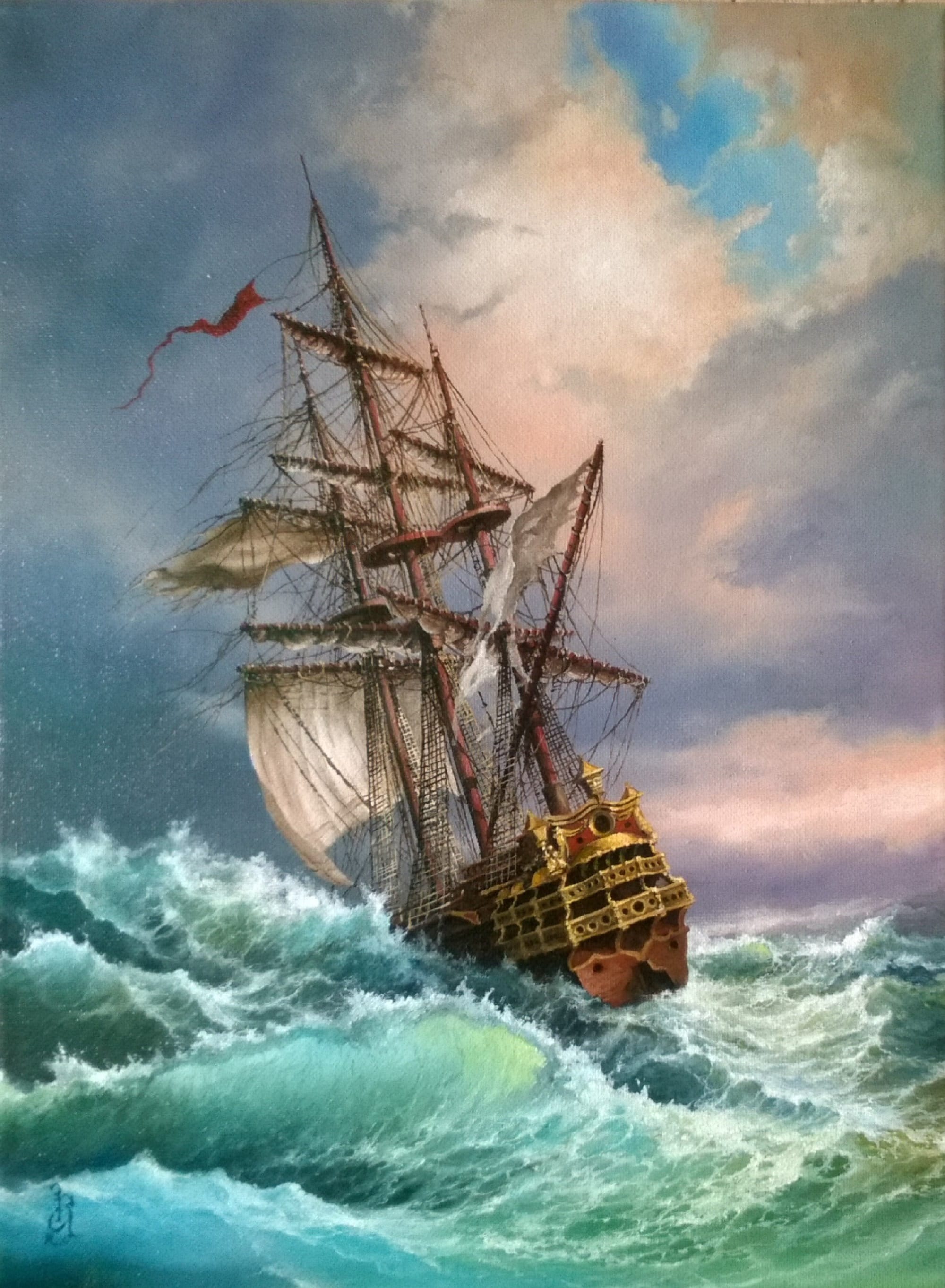 Sailing Ship Art Print | Seascape Painting, Storm at Sea FOSHE ART