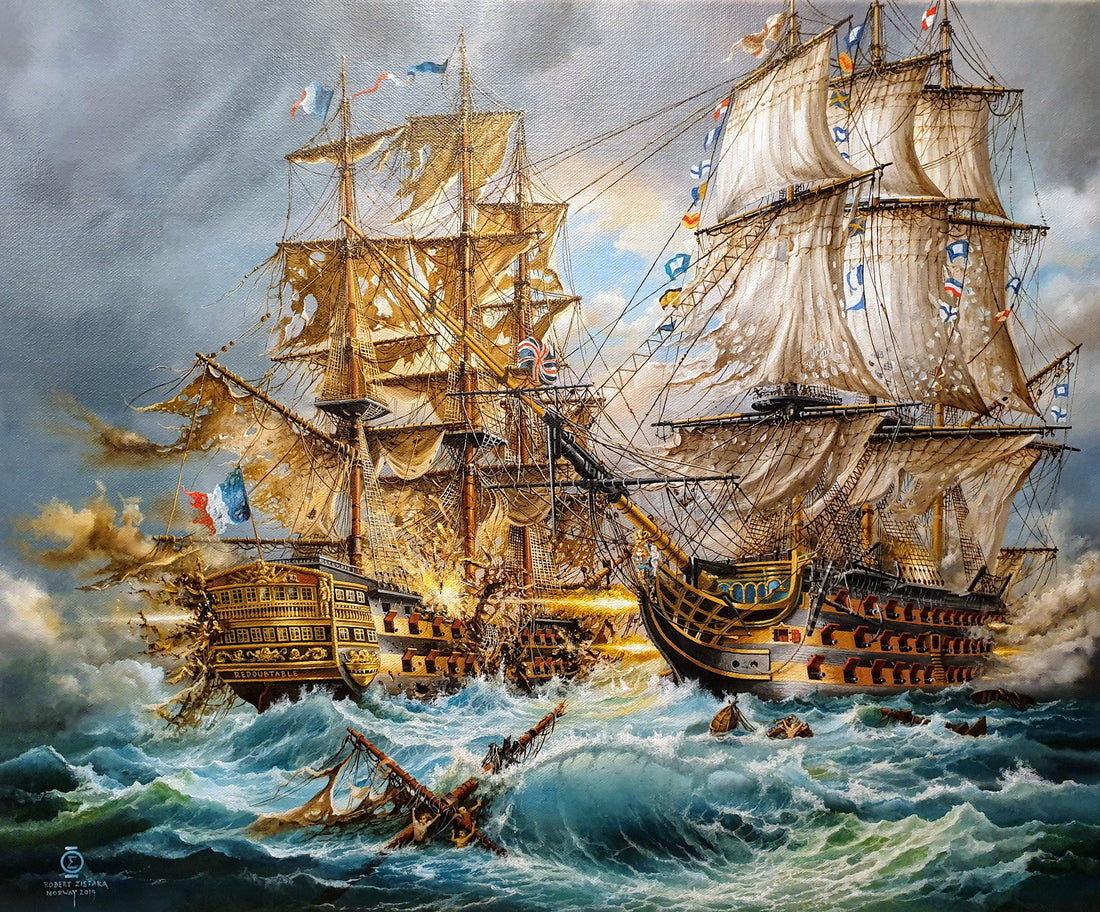 BATTLE of TRAFALGAR historical scene, HMS Victory battle ship, Tall Ship decoration, Napoleonic time, Giclee canvas of original oil painting FOSHE ART