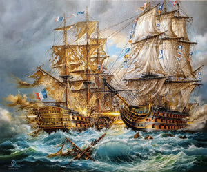 BATTLE of TRAFALGAR historical scene, HMS Victory battle ship, Tall Ship decoration, Napoleonic time, Giclee canvas of original oil painting FOSHE ART