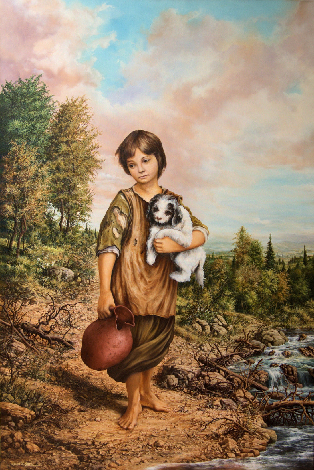 Girl with Dog Oil Painting on Canvas, Framed Art by Robert Zietara FOSHE ART