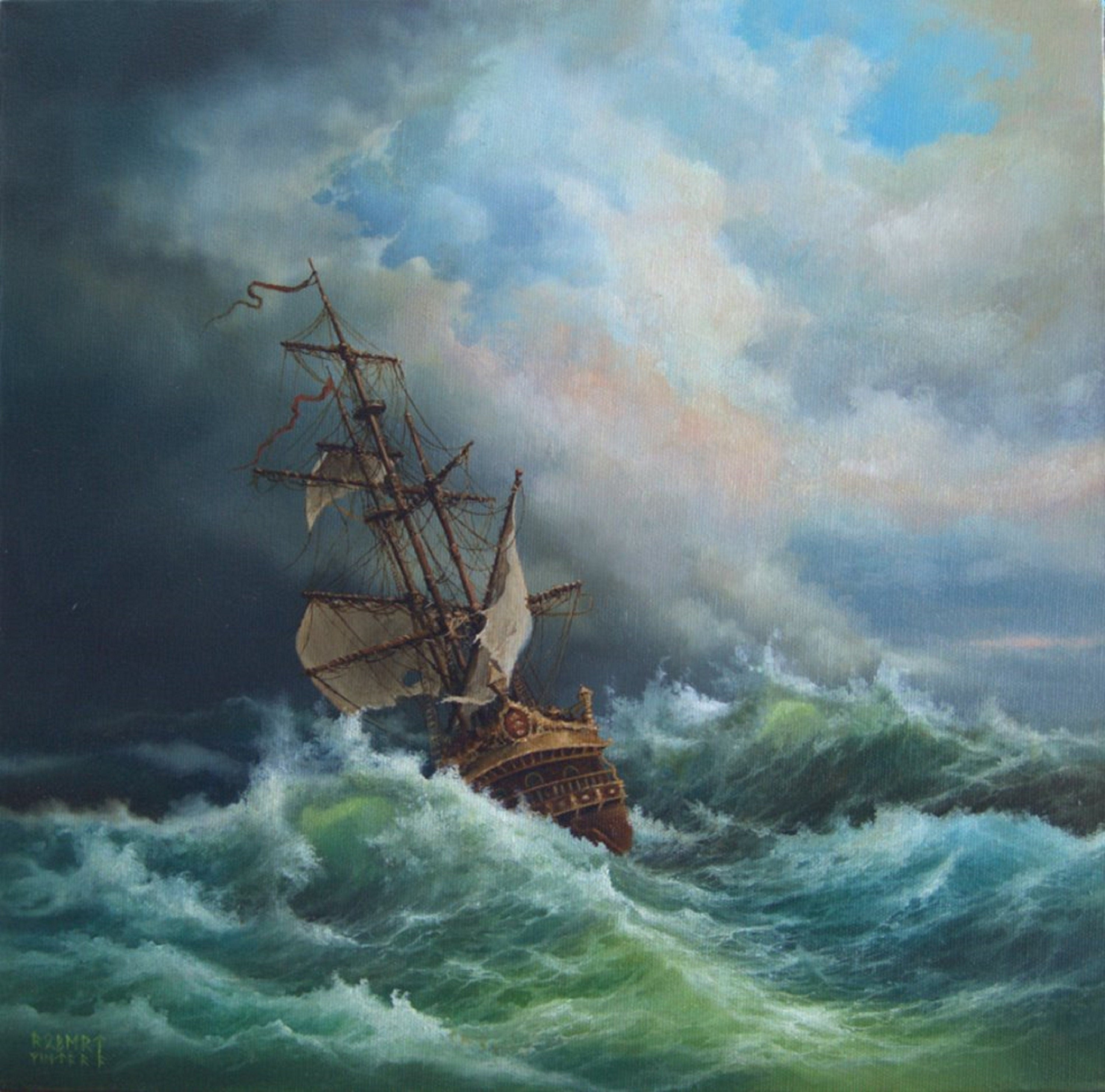 Tall Ship Canvas Print, Stormy Seas, Vintage Golden Frame FOSHE ART