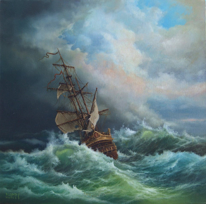 Tall Ship Canvas Print, Stormy Seas, Vintage Golden Frame FOSHE ART