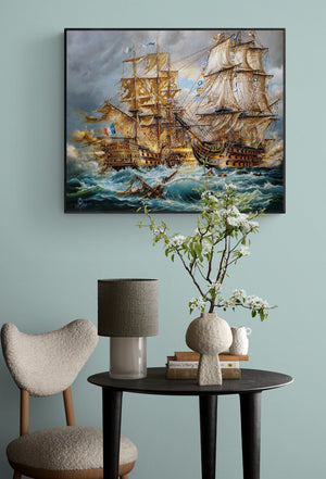 BATTLE of TRAFALGAR historical scene, HMS Victory battle ship, Tall Ship decoration, Napoleonic time, Giclee canvas of original oil painting FOSHE ART
