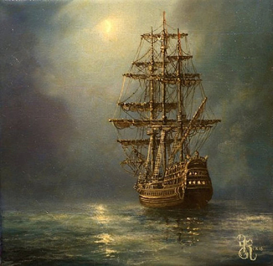 Mystic Voyage: Ship at Night, Nautical Art Print from original ship painting, Seascape Decoration, Tall Ship Painting