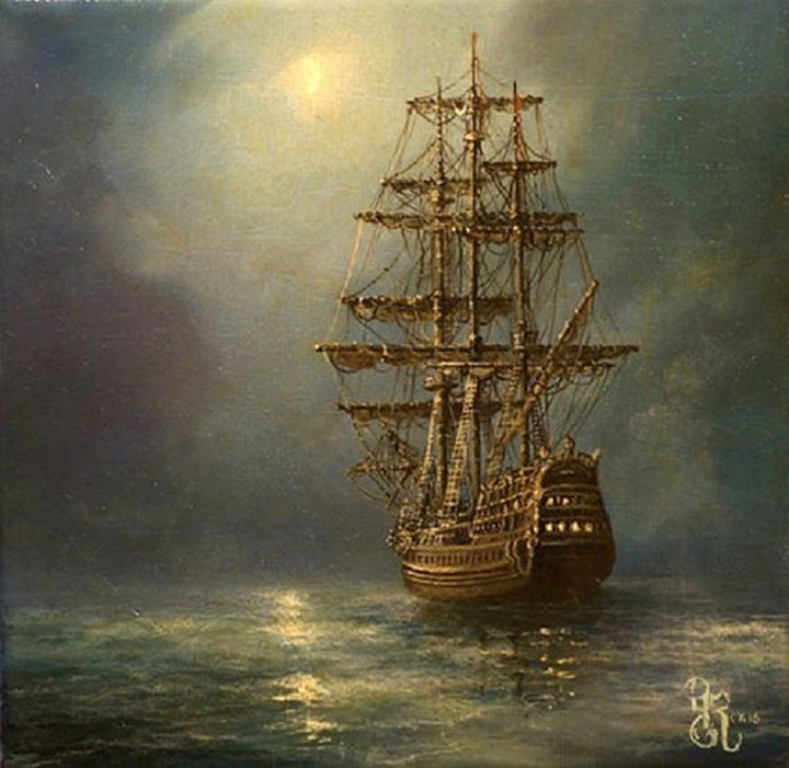 Mystic Voyage: Ship at Night, Nautical Art Print from original ship painting, Seascape Decoration, Tall Ship Painting