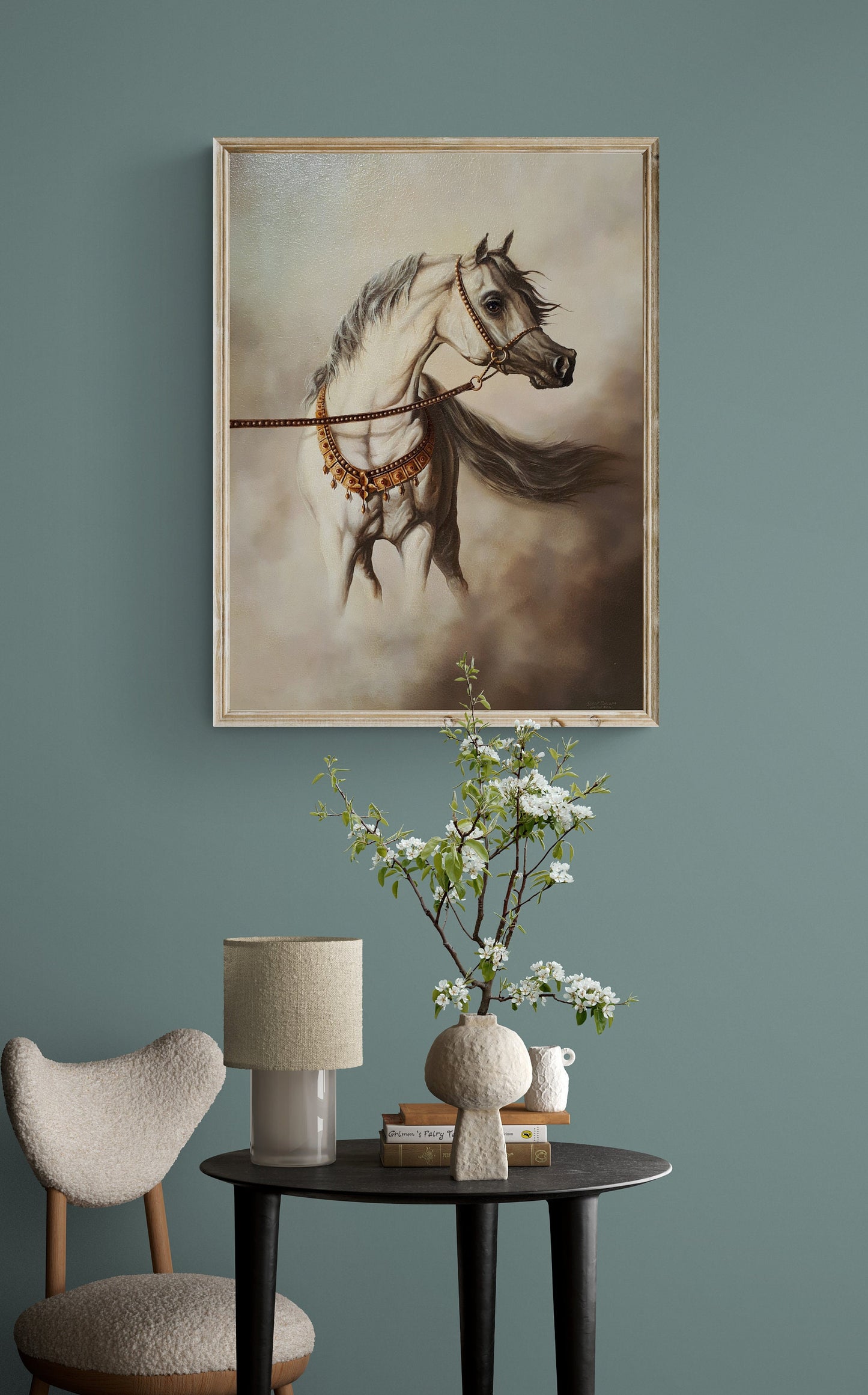 WHITE HORSE | Giclée canvas print from horse original oil painting | Modern home decoration | Equine art | 50x70 cm (19.7"x27.6") Horse Art