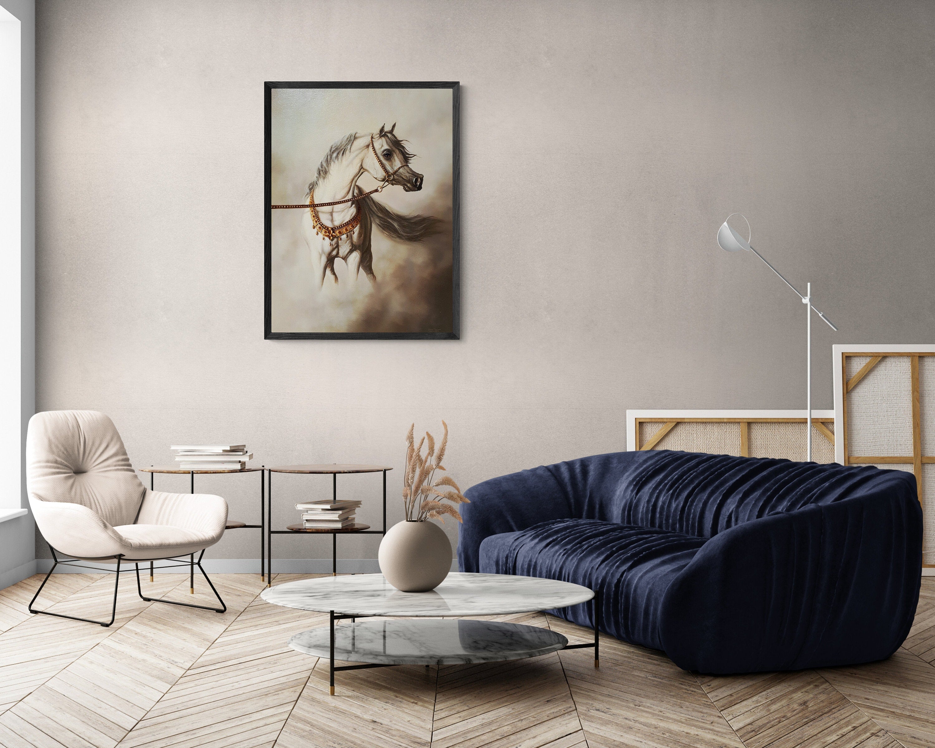WHITE HORSE | Giclée canvas print from horse original oil painting | Modern home decoration | Equine art | 50x70 cm (19.7"x27.6") Horse Art