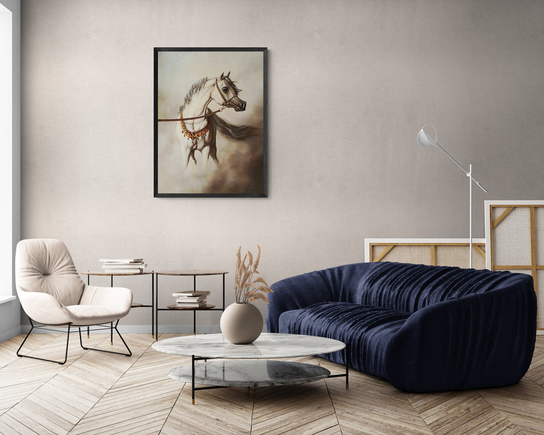 WHITE HORSE | Giclée canvas print from horse original oil painting | Modern home decoration | Equine art | 50x70 cm (19.7"x27.6") Horse Art FOSHE ART