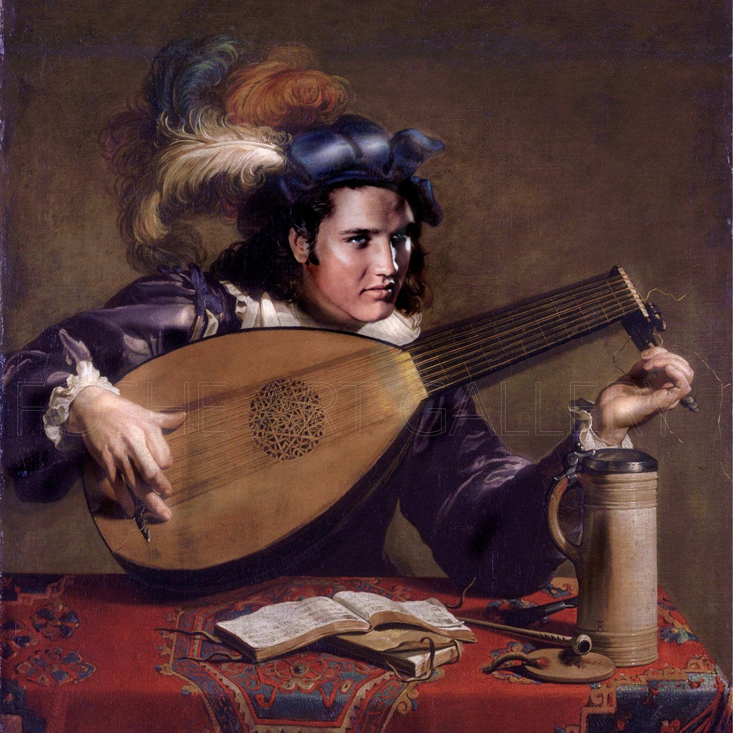 Unique Portrait of Elvis Presley - Elvis Serenades: Lute Player Art Print Inspired by Theodor Rombouts FOSHE ART