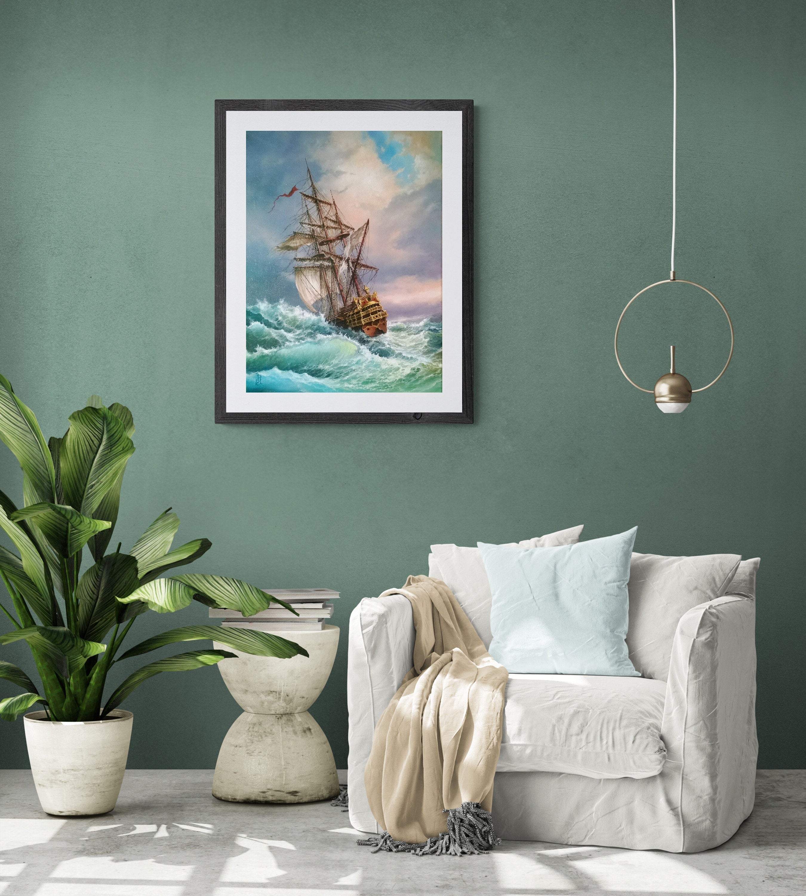 Sailing Ship Art Print | Seascape Painting, Storm at Sea FOSHE ART