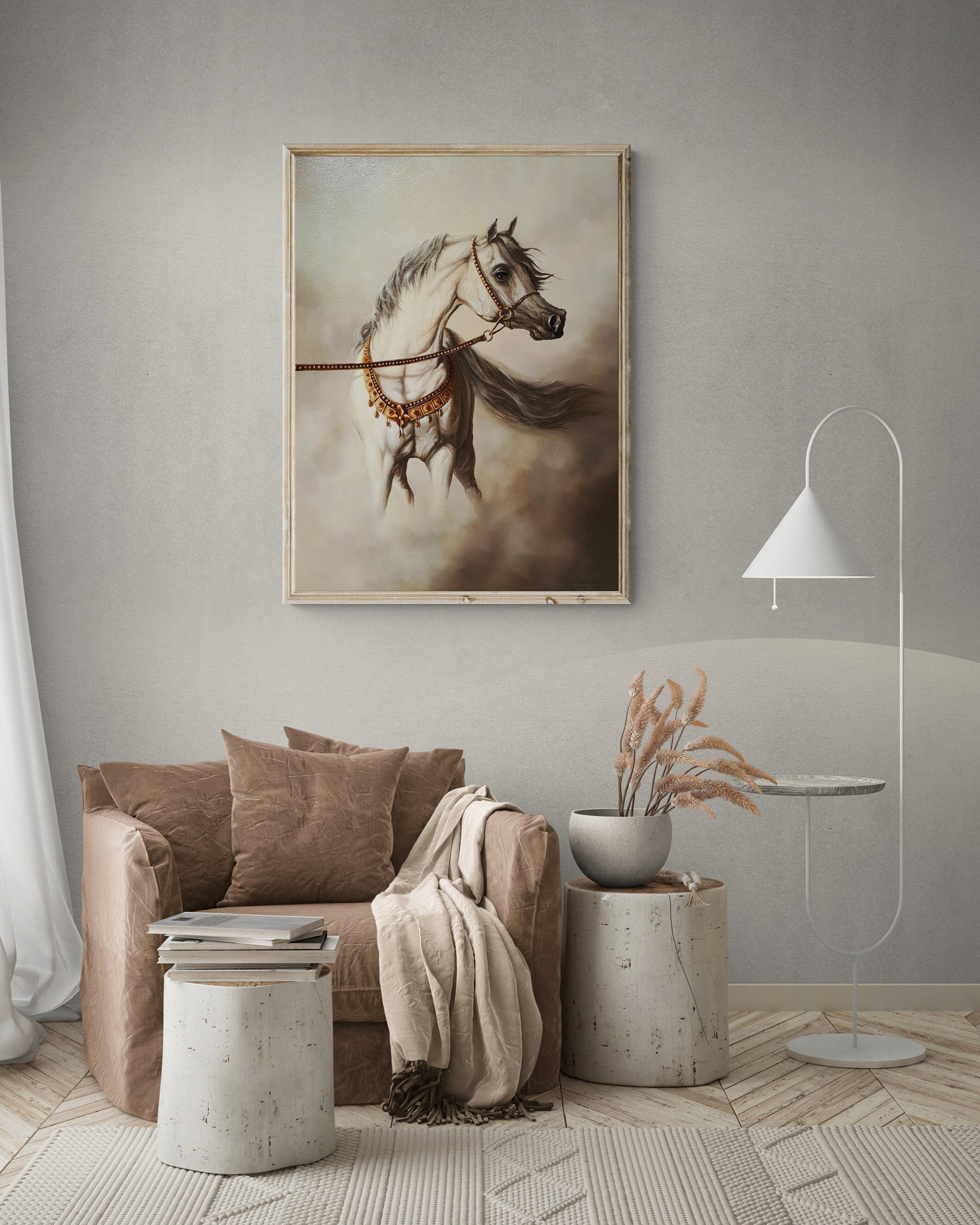 WHITE HORSE | Giclée canvas print from horse original oil painting | Modern home decoration | Equine art | 50x70 cm (19.7"x27.6") Horse Art