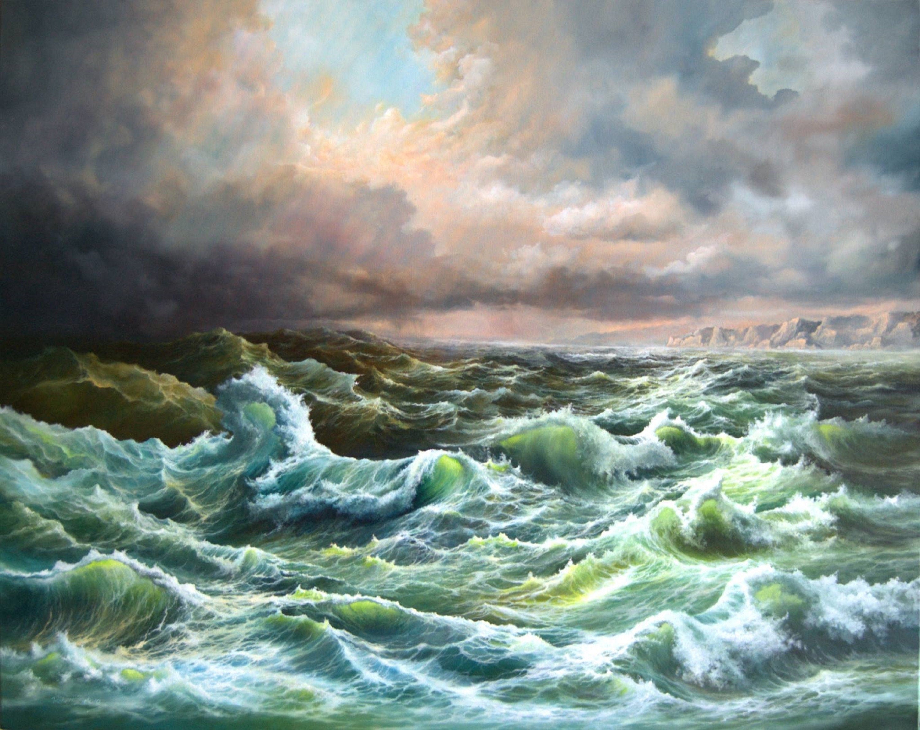 Open Sea 3D Canvas Print: Robert Zietara Signed Painting with Vintage Golden Frame FOSHE ART