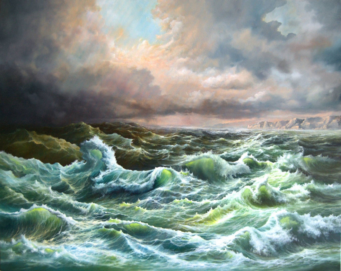 Open Sea 3D Canvas Print: Robert Zietara Signed Painting with Vintage Golden Frame FOSHE ART