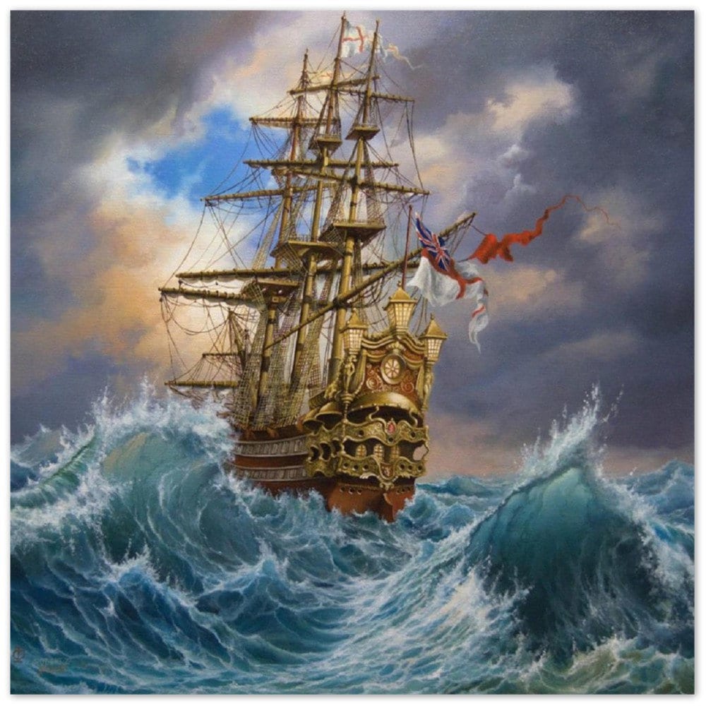 Ship oil painting print reproduction on canvas in Antiqued Gold Frame FOSHE ART