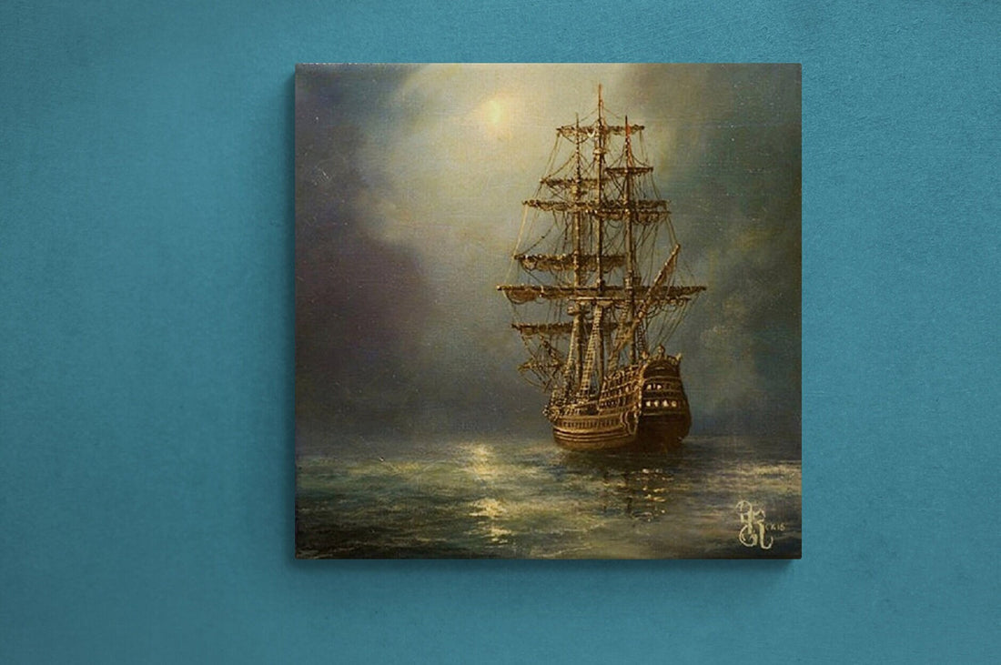 SHIP AT NIGHT, Giclée Canvas Premium Print, Seilskipskunst, Seascape Canvas Art, Tall Ship and Moon, Seascape Home Decor, seilbåt