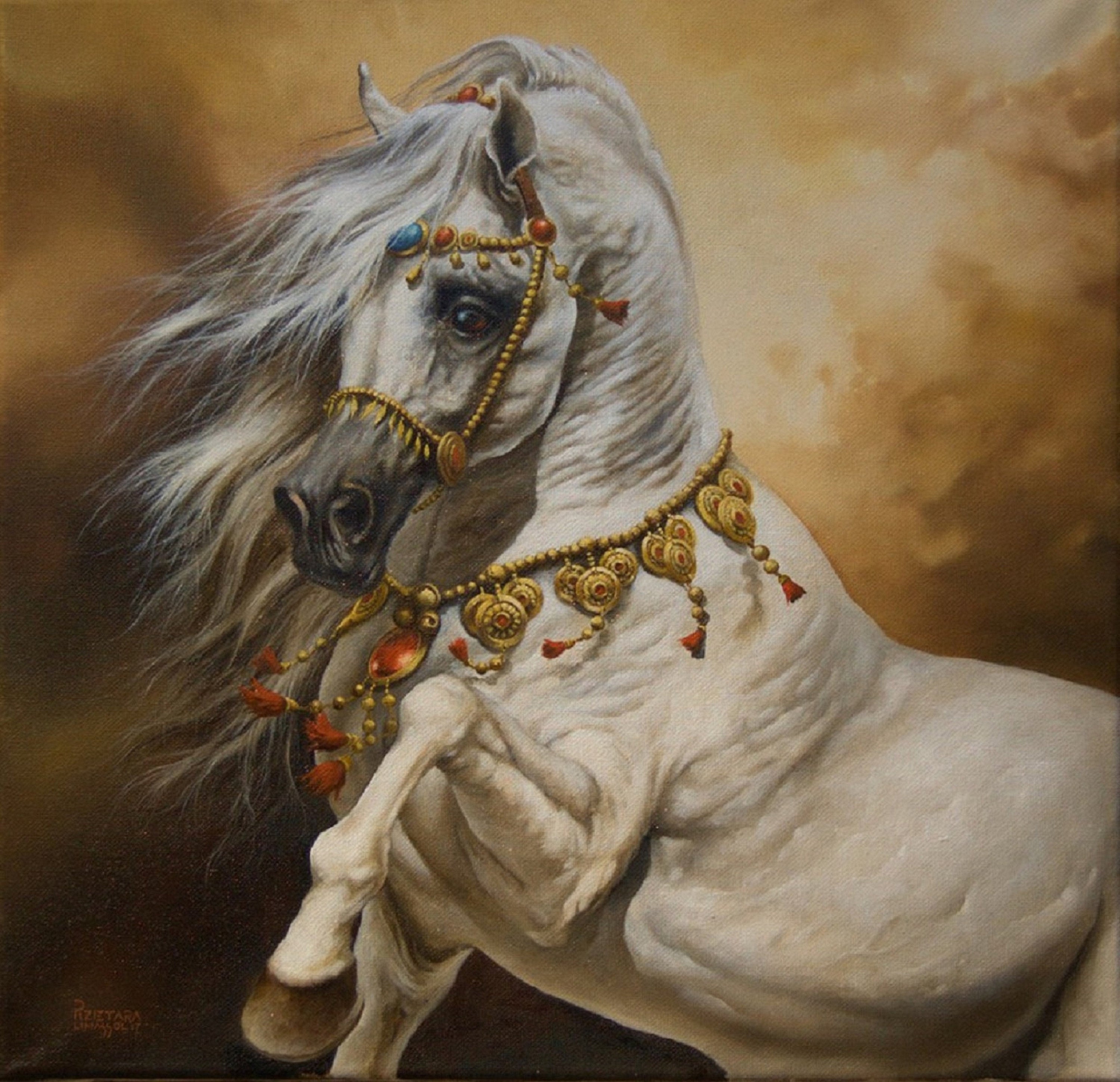Sleipnir White Horse Canvas Print | Equine Oil Painting Reproduction FOSHE ART