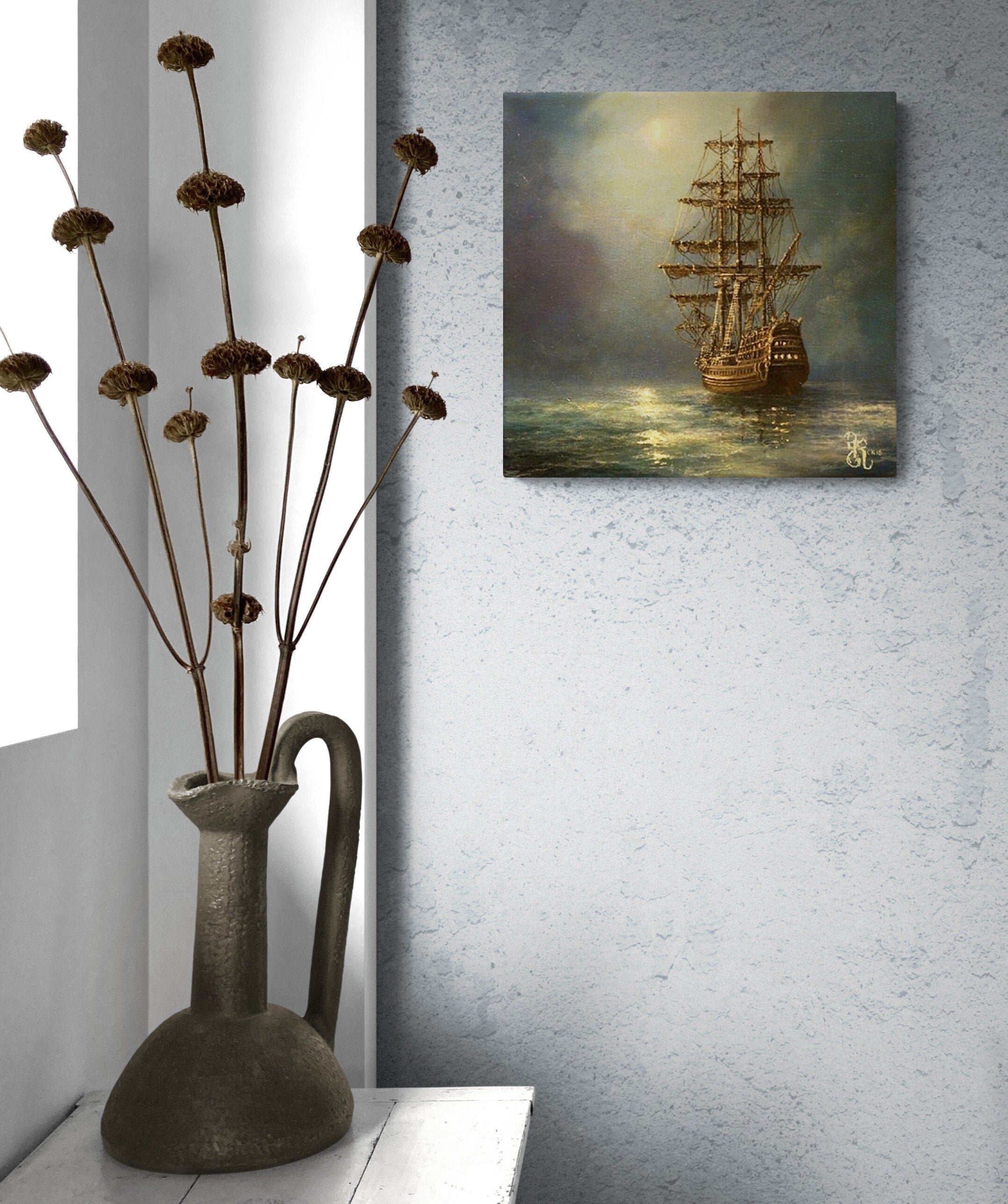 Mystic Voyage: Ship at Night, Nautical Art Print from original ship painting, Seascape Decoration, Tall Ship Painting