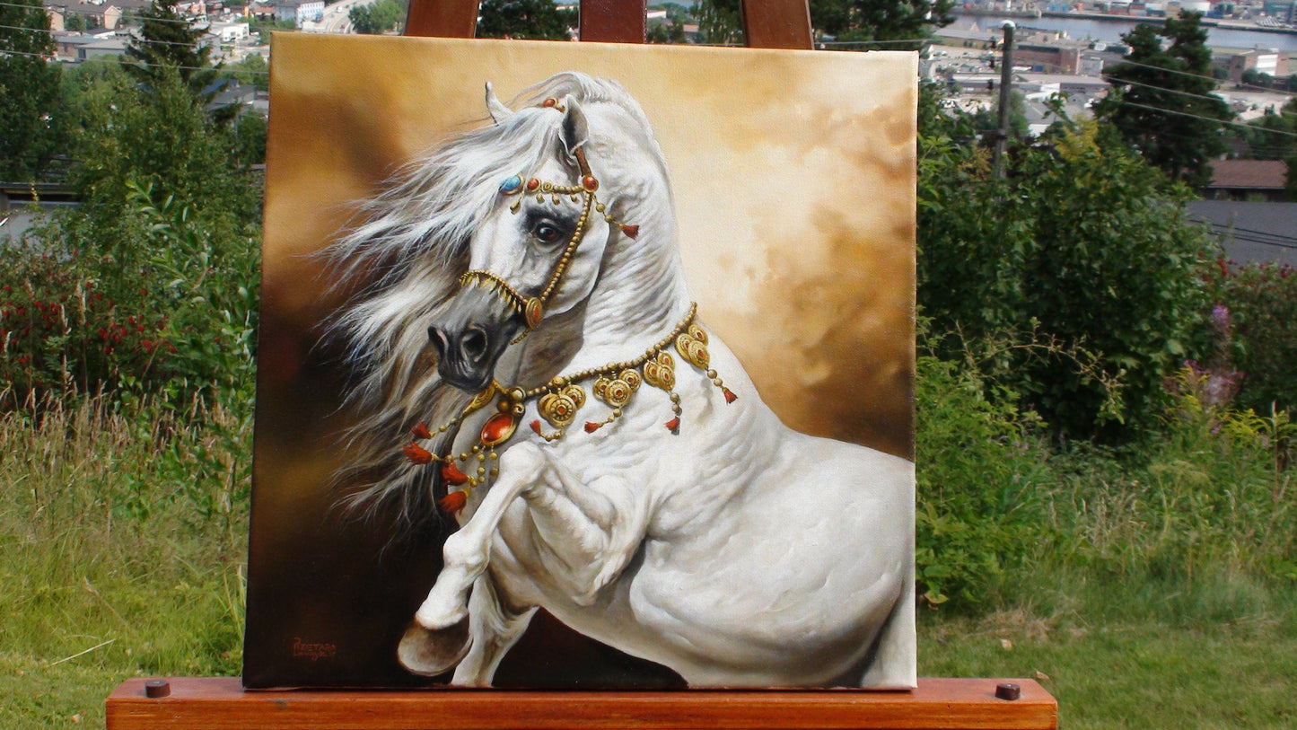 SLEIPNIR | Canvas print from original oil painting | White Horse Print | Equine Print | Horse Art Decoration | Horse canvas FOSHE ART