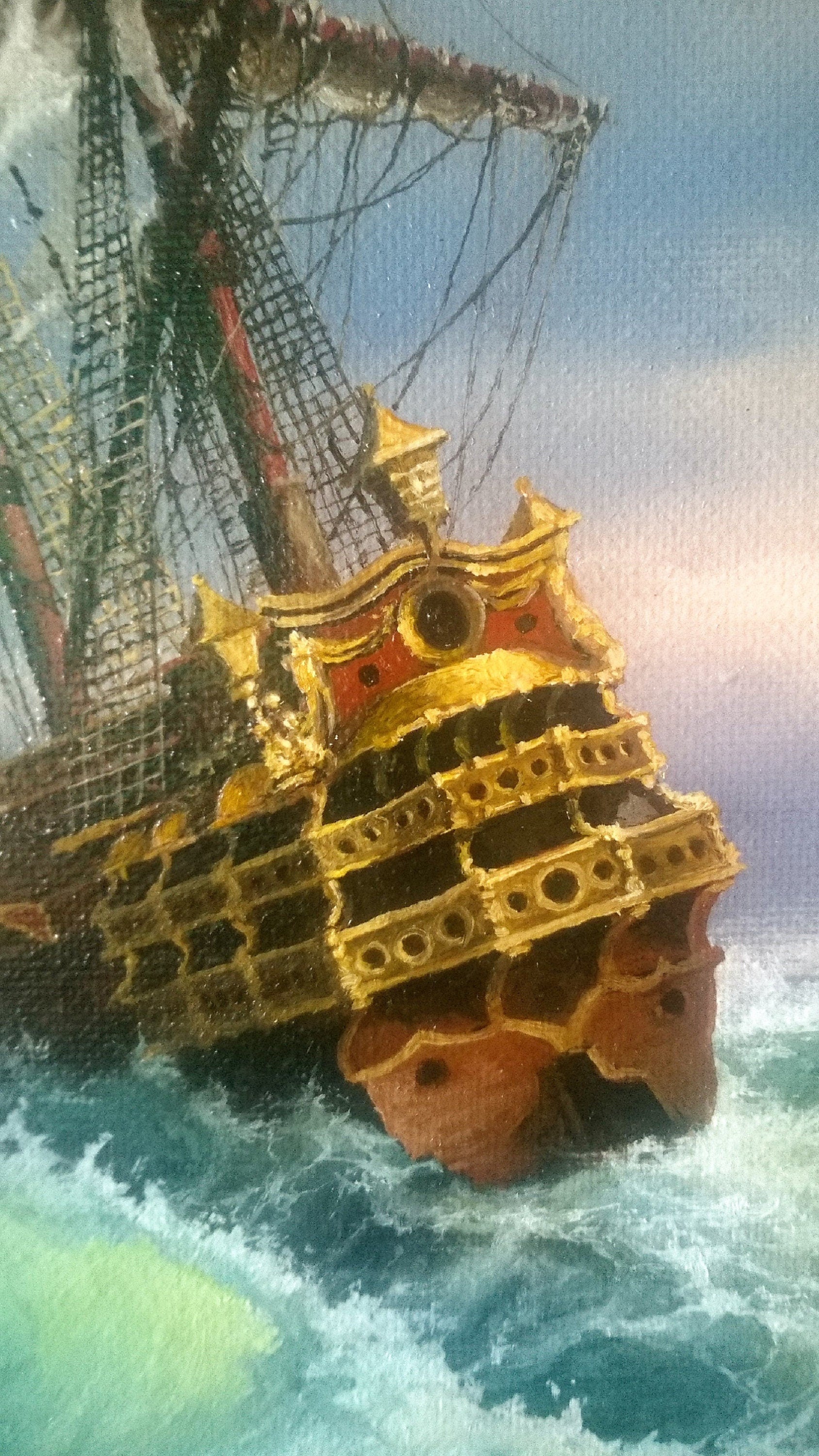 AFTER STORM tall ship art, seascape wall art, framed giclée canvas from original painting, Seascape print with golden vintageous frame FOSHE ART