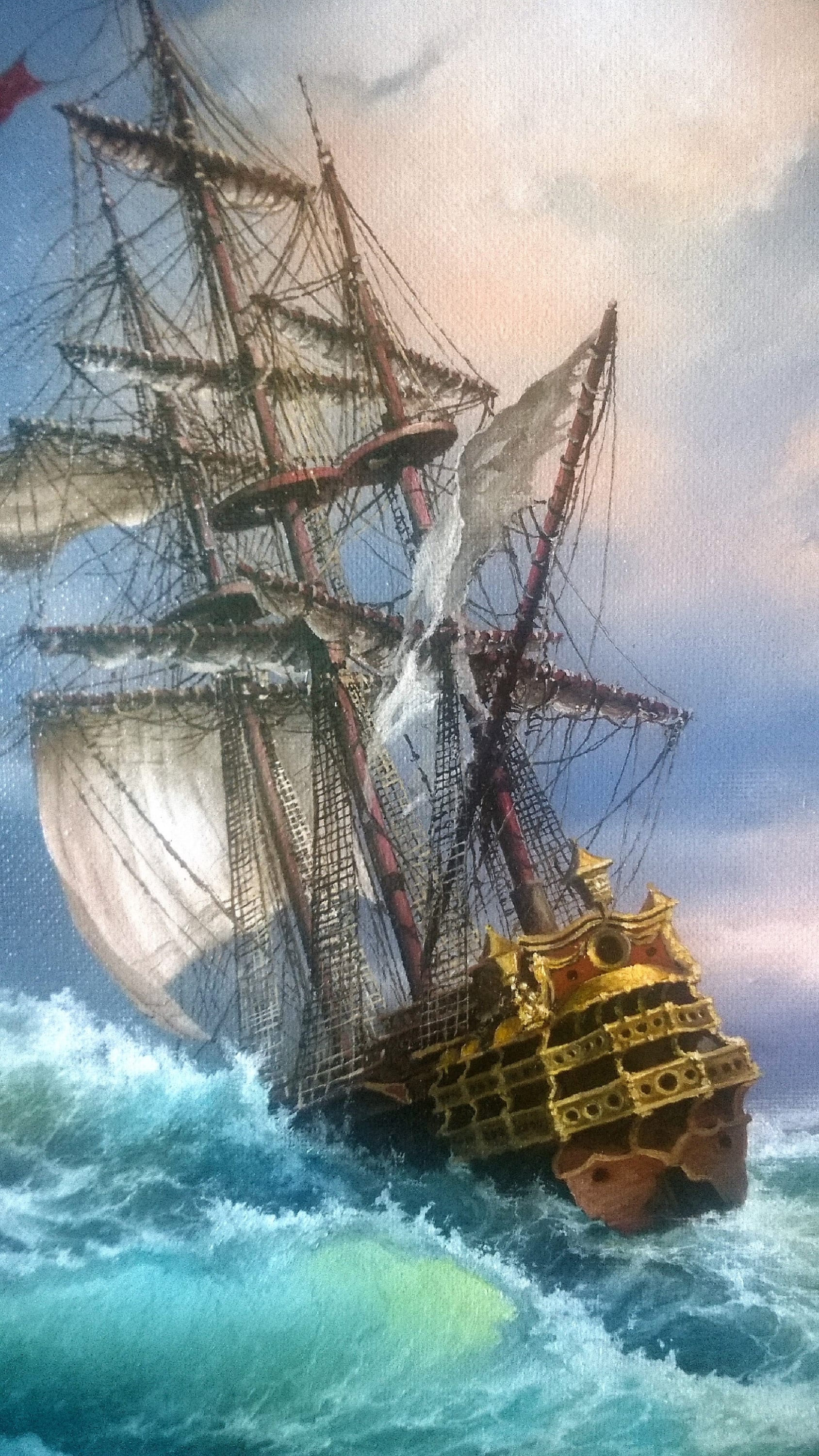 Tall Ship Giclée Canvas Print, After Storm Seascape, Golden Vintage Frame FOSHE ART