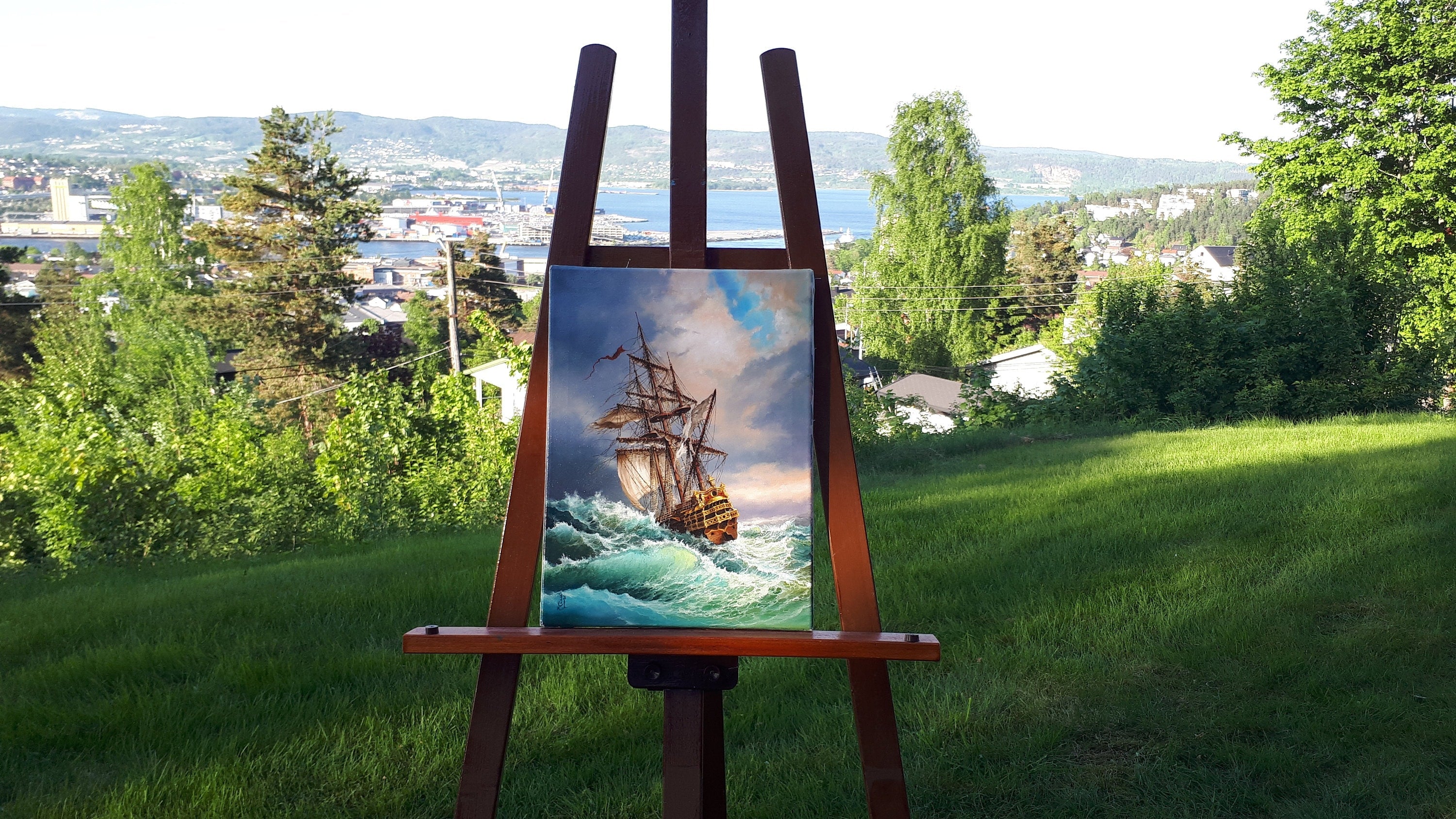 Tall Ship Giclée Canvas Print, After Storm Seascape, Golden Vintage Frame FOSHE ART