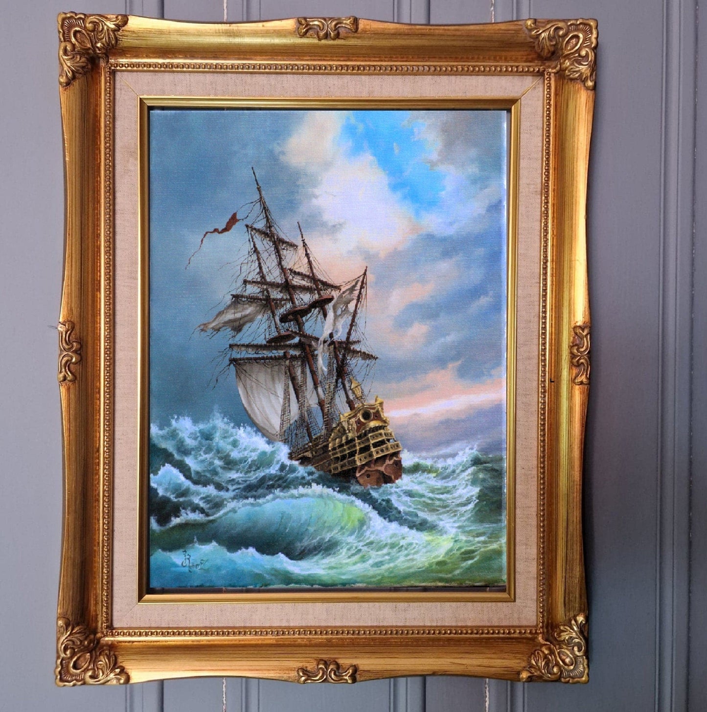 AFTER STORM tall ship art, seascape wall art, framed giclée canvas from original painting, Seascape print with golden vintageous frame FOSHE ART
