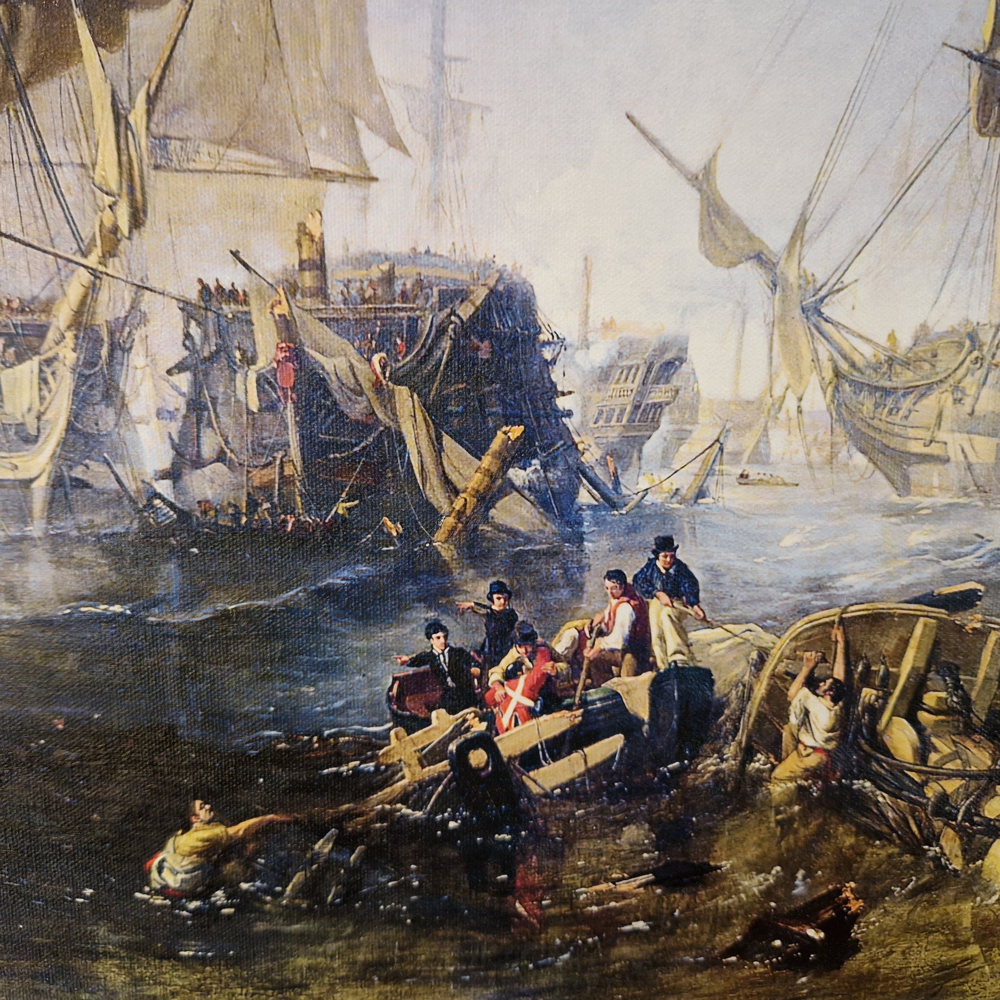 Battle of Trafalgar William Clarkson Stanfield, Hand Finished 3D Print on canvas with brush strokes + vintageous frame, looks like original FOSHE ART