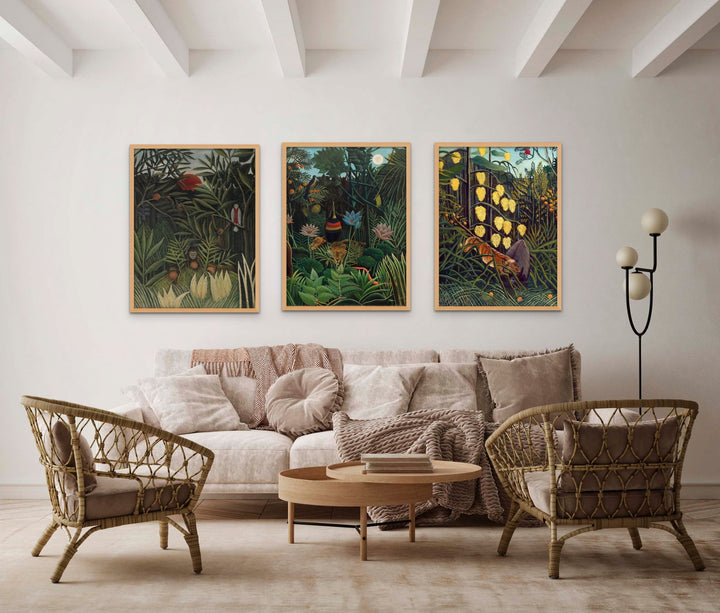 Henri Rousseau wall Art Set of 3 Green Tropical Jungle, Floral Botanical Prints, Modern Art Emerald Green Wall Decor FOSHE ART