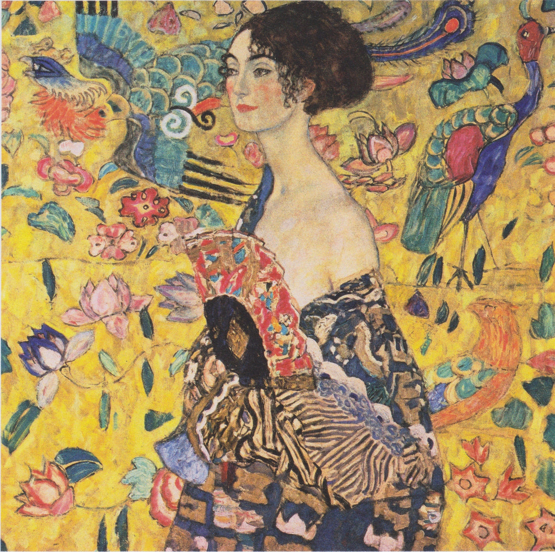 Klimt Lady With Fan Print on canvas: Brushstroke Texture, Golden Vintage Frame FOSHE ART
