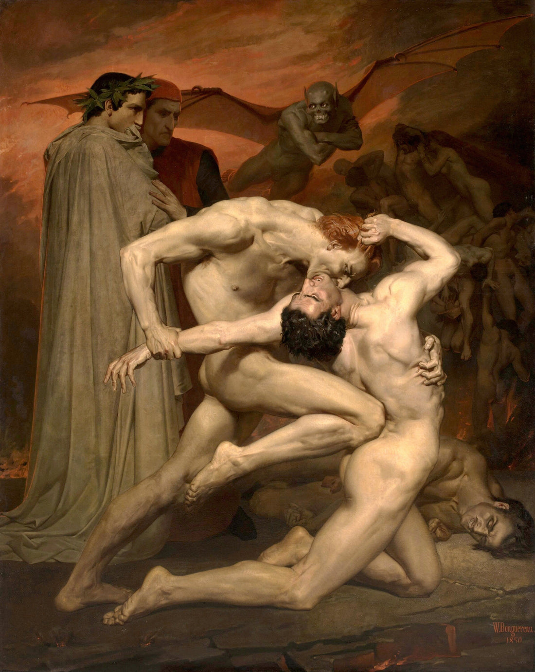 Dante & Virgil in Hell  by W. Bouguereau | Framed Premium Reproduction Print on canvas with brush strokes | looks like original oil painting FOSHE ART