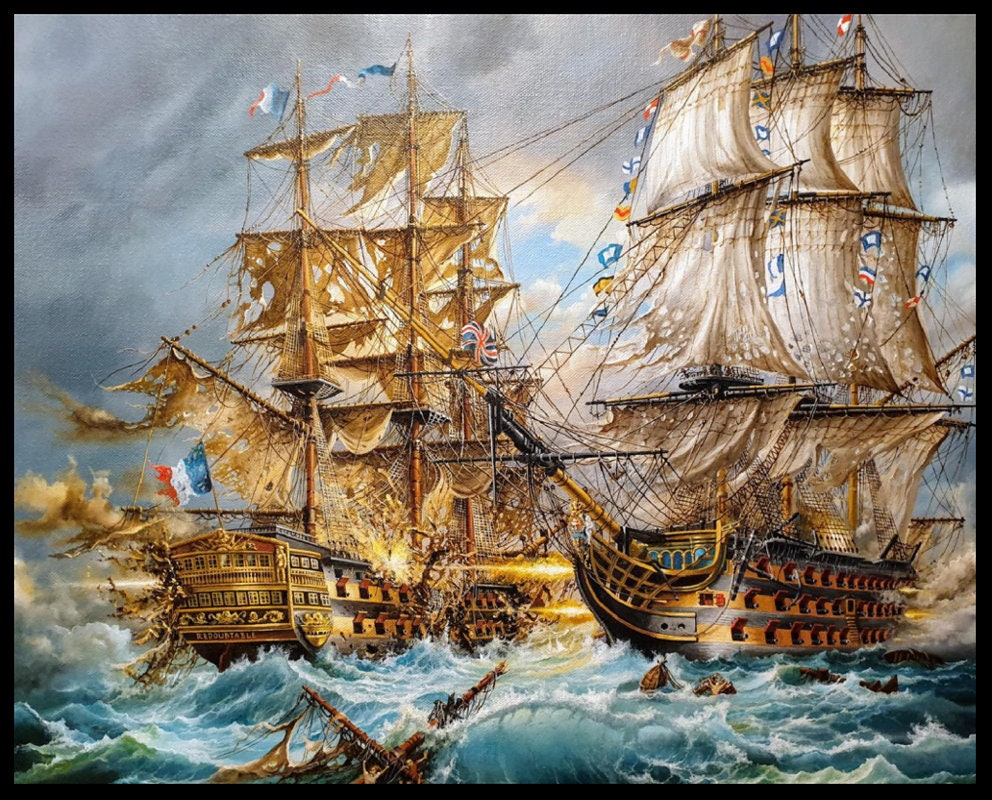 Battle of Trafalgar by Robert Zietara, Art Print, HSM Victory, Nautical Sailing Ship Poster FOSHE ART