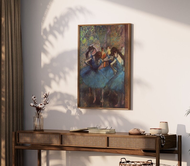 Degas Dancers in Blue Print, Framed Canvas Wall Art, 3D Hand Finished FOSHE ART