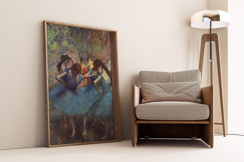 Degas Dancers in Blue Print, Framed Canvas Wall Art, 3D Hand Finished FOSHE ART