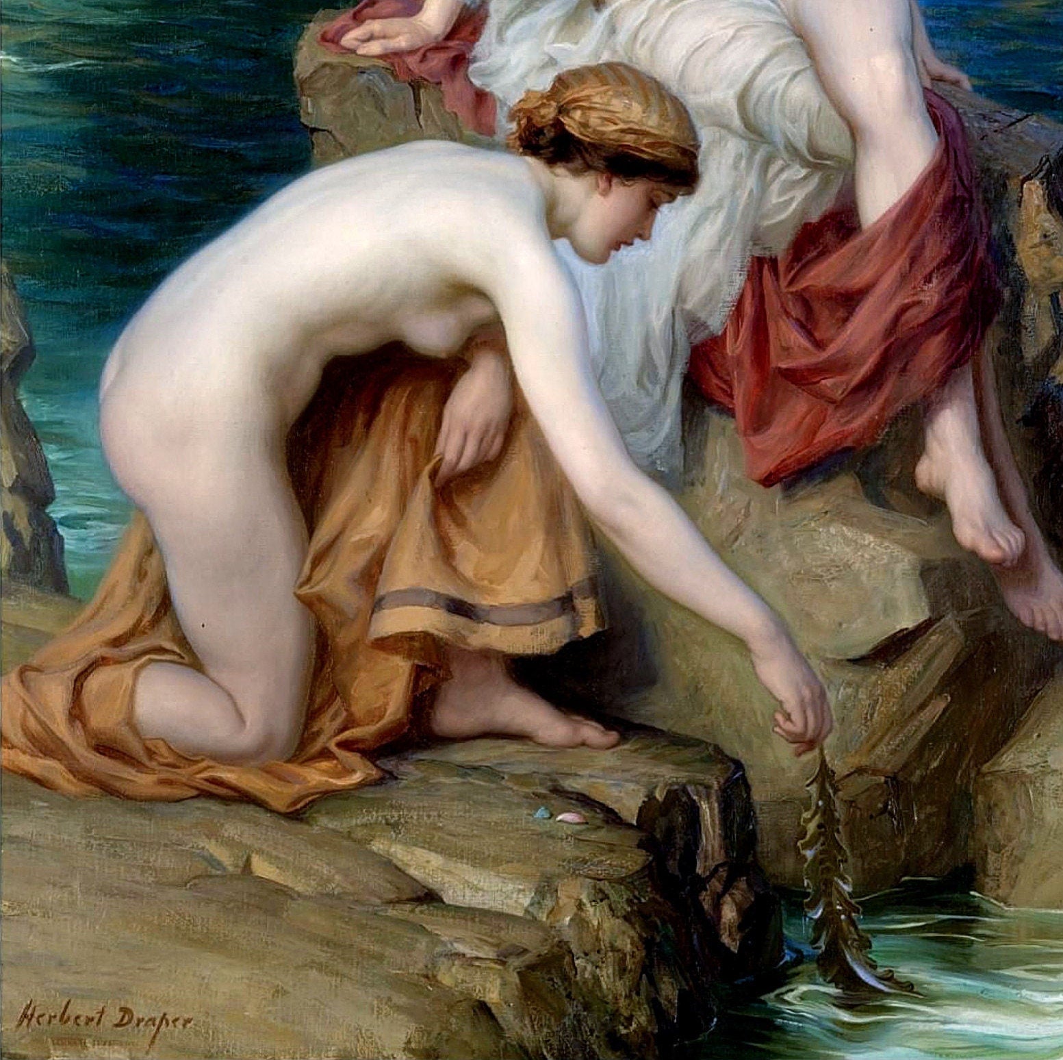 Summer Seas, Herbert James Draper, FineArt Reproduction Heavyweight real Canvas, 3D hand finish print with brush strokes, look like original FOSHE ART