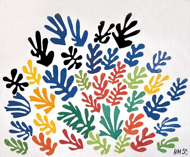HENRI MATISSE, La Gerbe colorful flower garden cut out Extra Large HQ Print Poster in Minimalist style, in Blue, red, green and yellow FOSHE ART