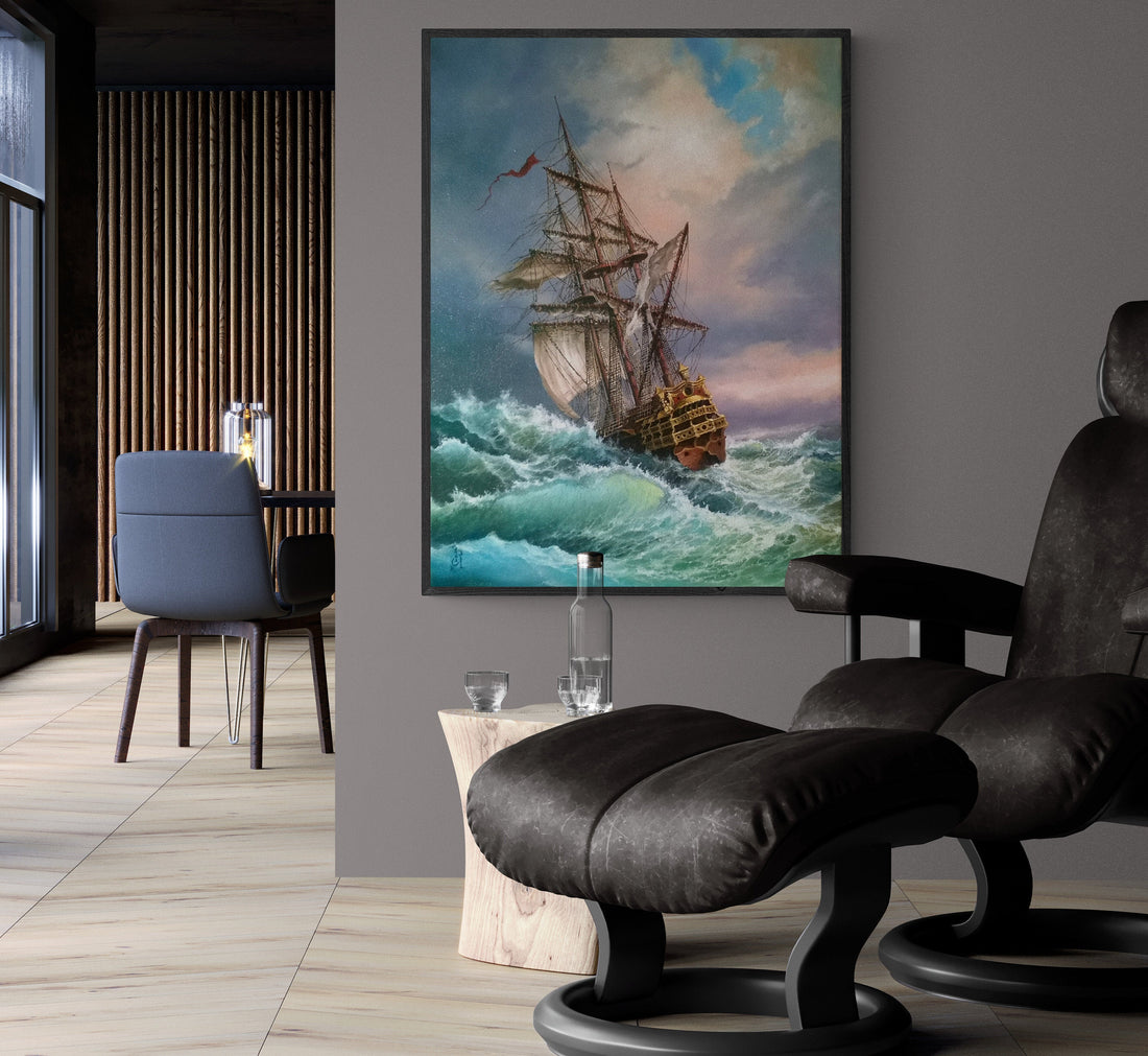 Sailing Ship Art Print | Seascape Painting, Storm at Sea FOSHE ART