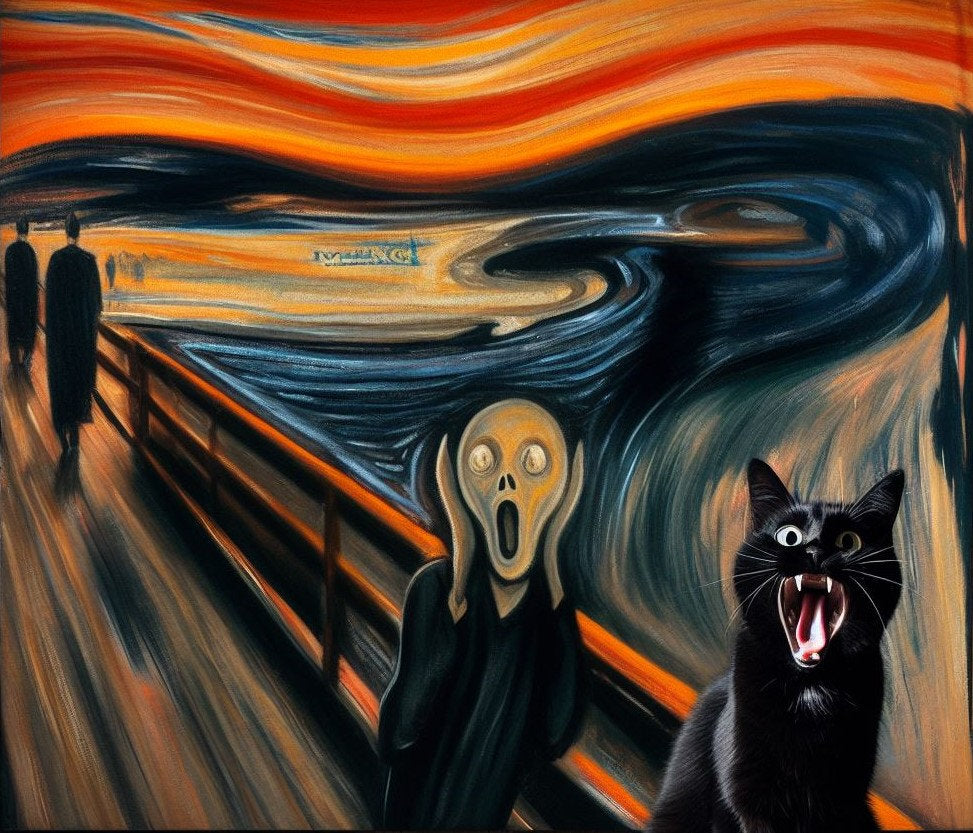 Feline Scream Art Print, Black Cat Edvard Munch Parody, Giclee or Canvas FOSHE ART