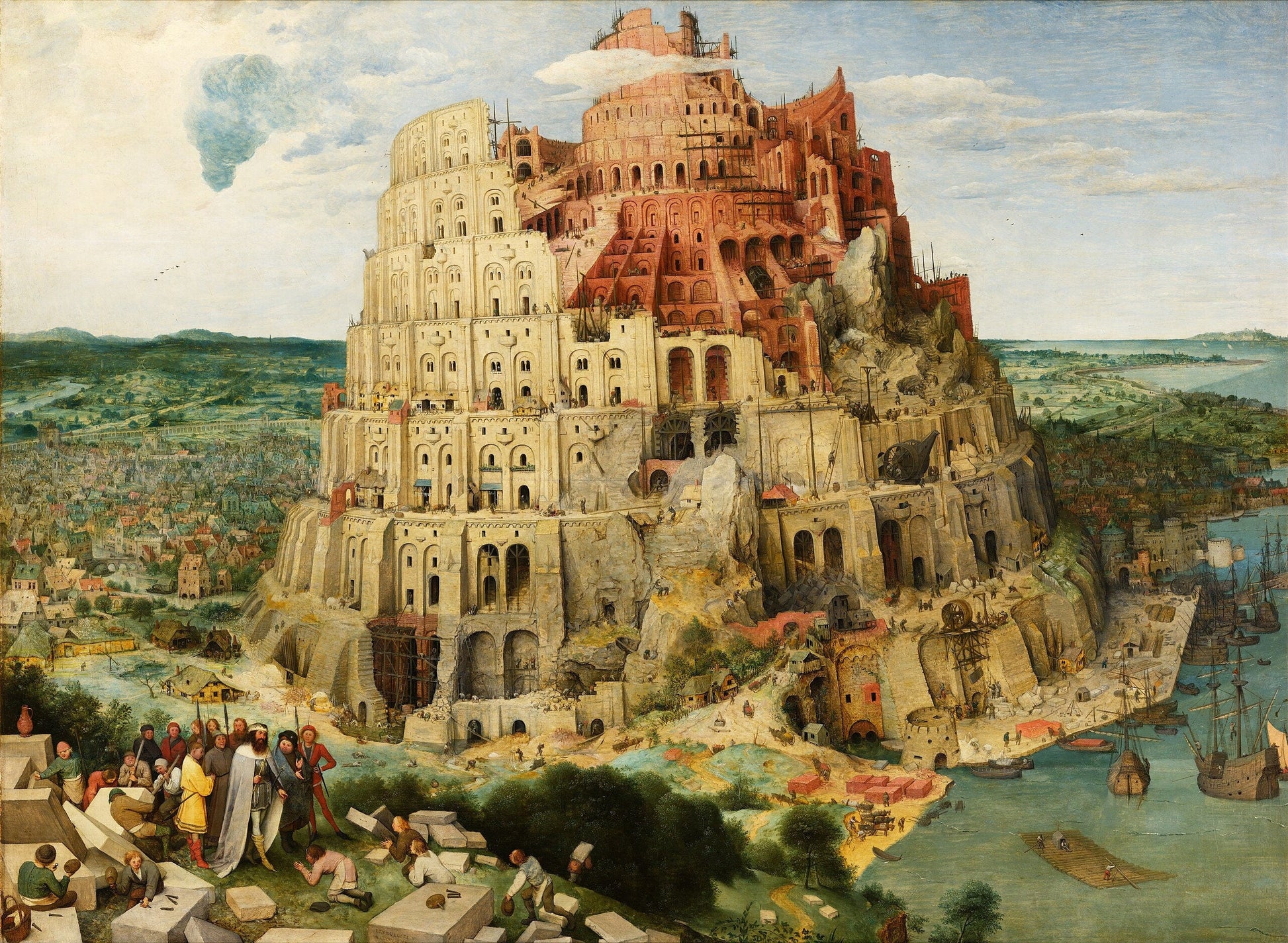 The Tower of Babel by Pieter Bruegel | Giclée Canvas Premium Print with Brush Strokes | Wooden Golden Vintage Frame for Classic Masterpiece FOSHE ART