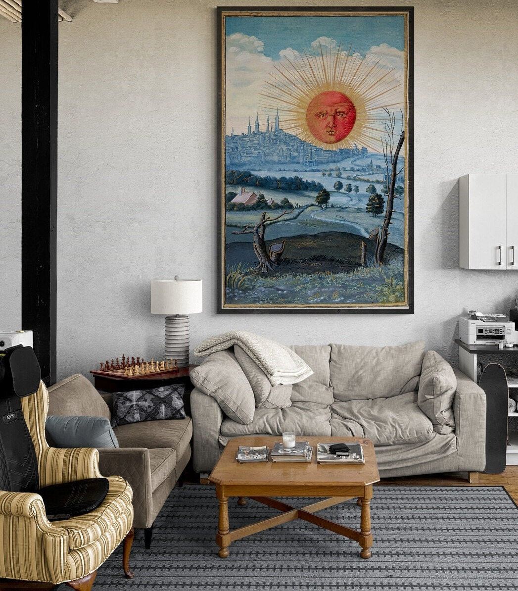 The Sun with human face rising from Splendor Solis by Salomon Trismosin, Art Prints, Experiencing the Mysteries of the Universe Through Art!