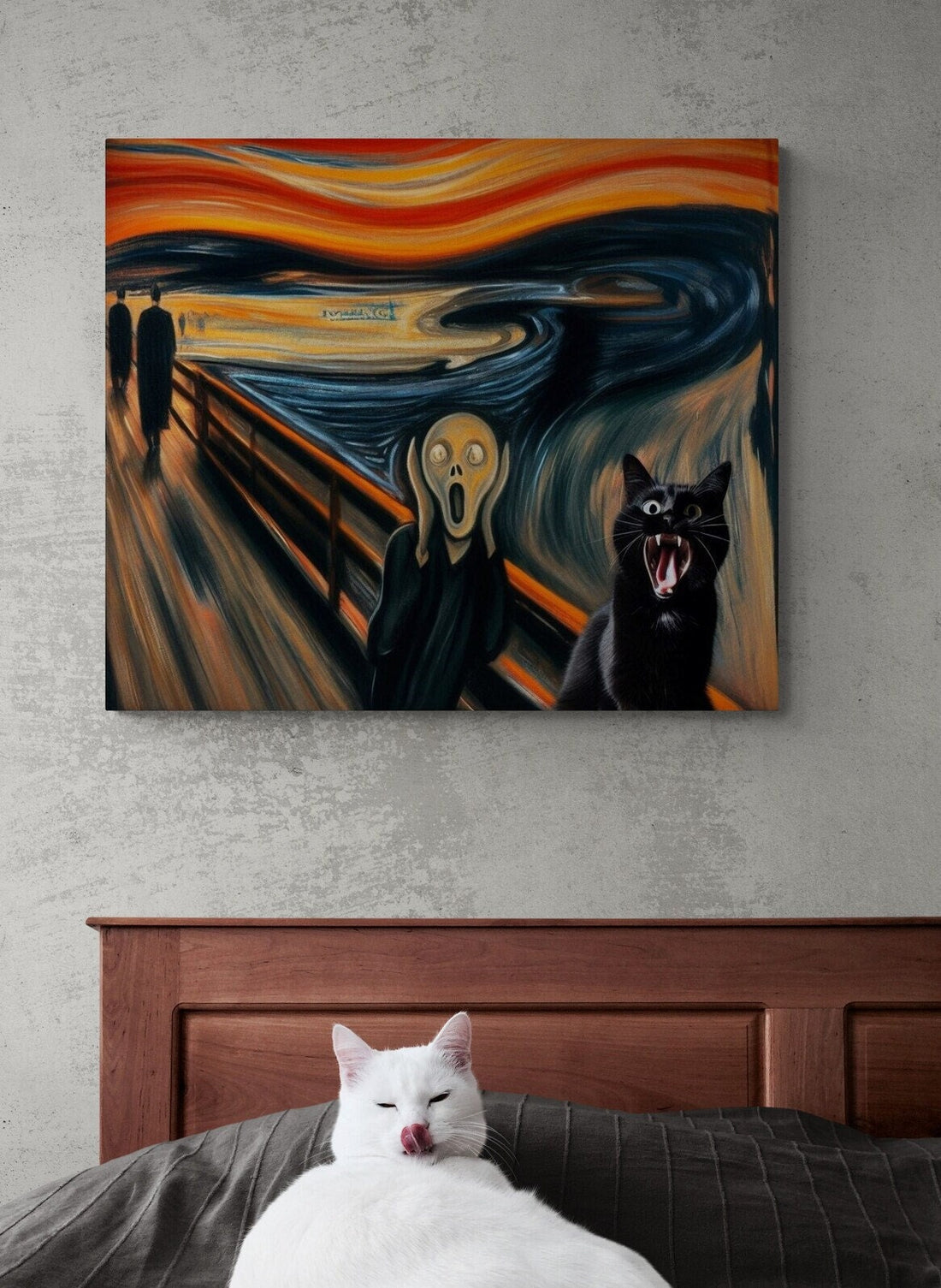 Feline Scream Art Print, Black Cat Edvard Munch Parody, Giclee or Canvas FOSHE ART