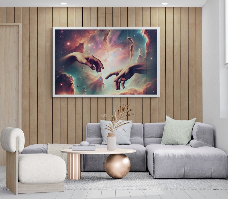 Cosmic Connection - Stunning Galaxy Art Print Featuring Ethereal Hands Reaching Across the Stars FOSHE ART