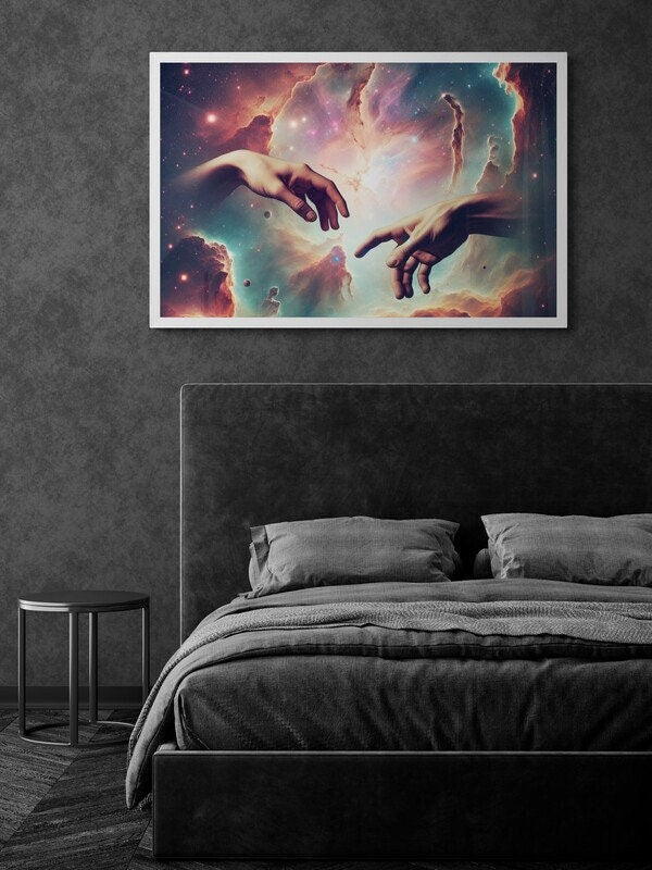 Cosmic Connection - Stunning Galaxy Art Print Featuring Ethereal Hands Reaching Across the Stars FOSHE ART