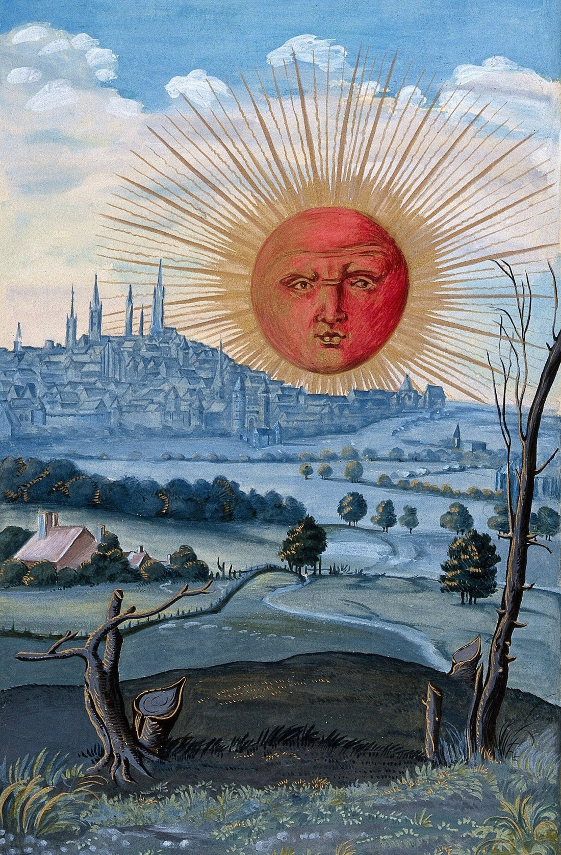 The Sun with human face rising from Splendor Solis by Salomon Trismosin, Art Prints, Experiencing the Mysteries of the Universe Through Art!
