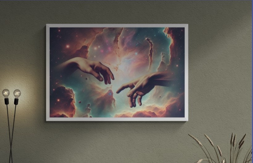 Cosmic Connection - Stunning Galaxy Art Print Featuring Ethereal Hands Reaching Across the Stars FOSHE ART