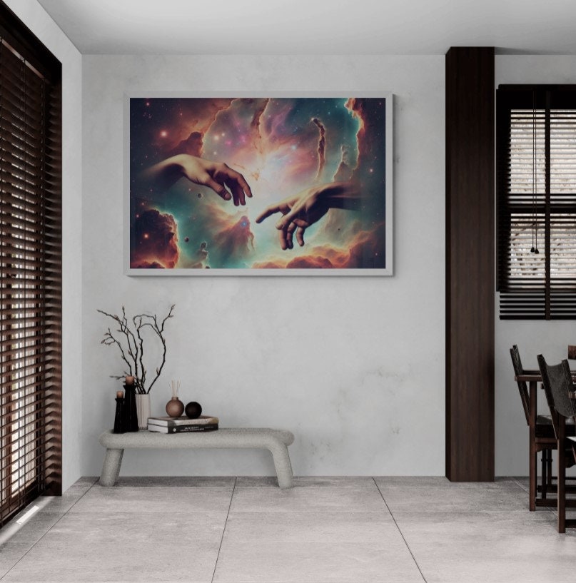 Cosmic Connection - Stunning Galaxy Art Print Featuring Ethereal Hands Reaching Across the Stars FOSHE ART