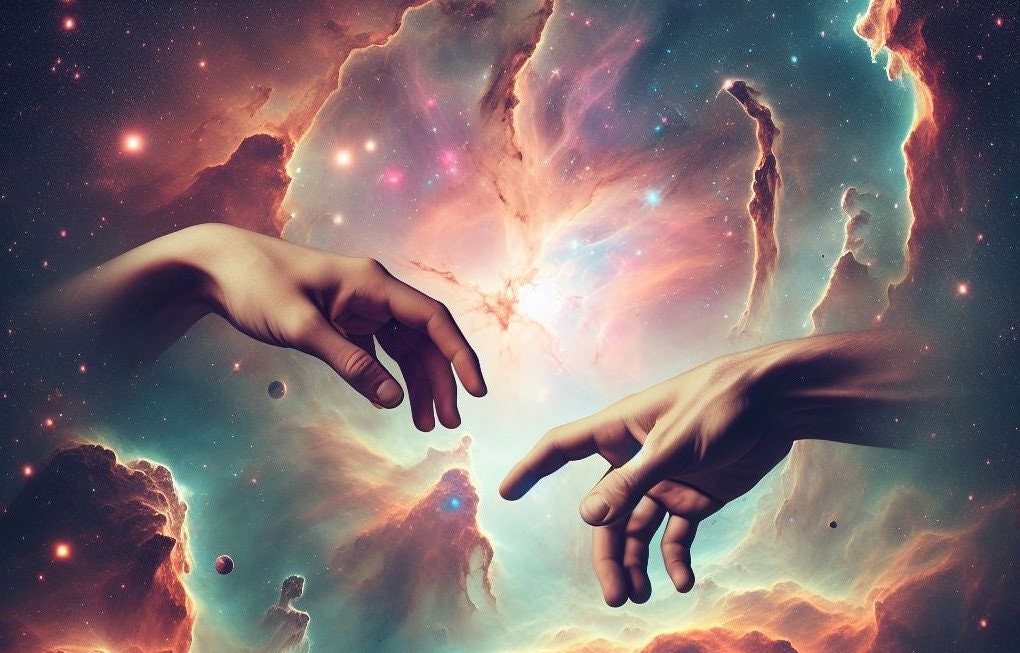 Cosmic Connection - Stunning Galaxy Art Print Featuring Ethereal Hands Reaching Across the Stars FOSHE ART