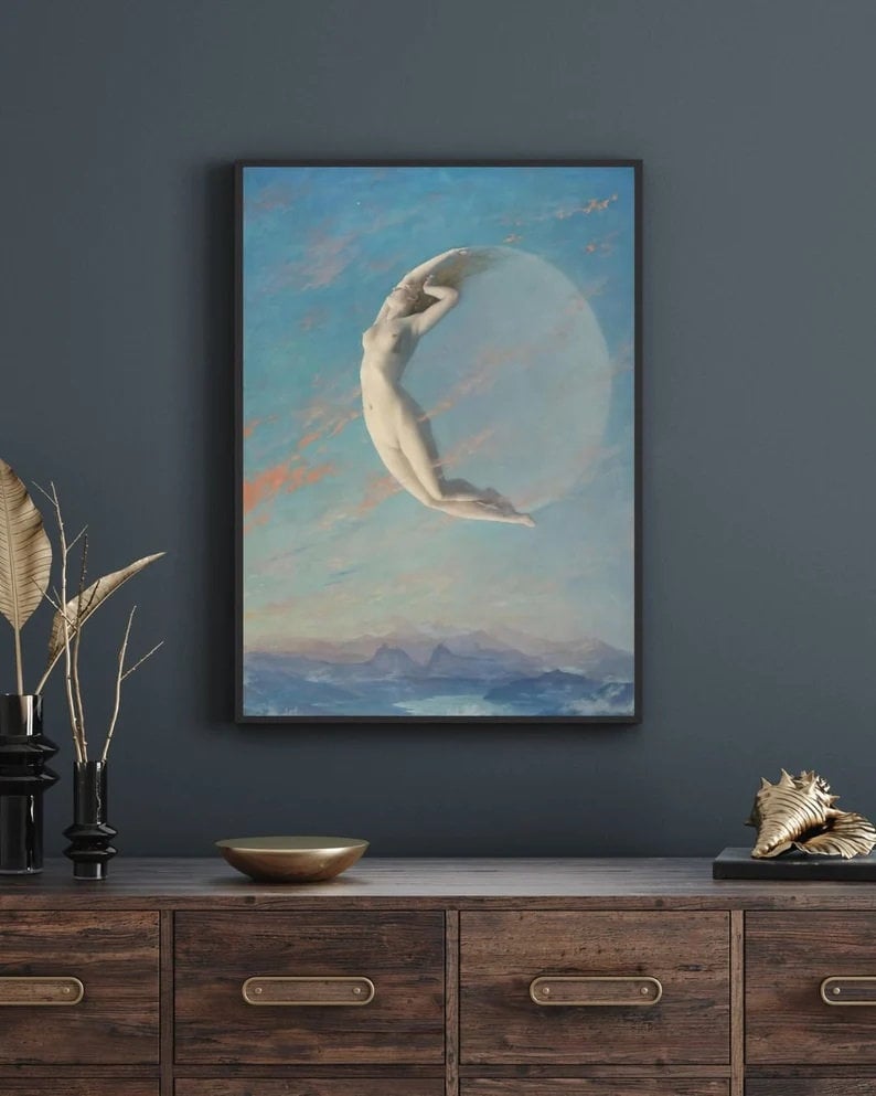 Moonlit Beauty: Vintage Art Reproduction of ‘SELENA’ by Albert Aublet FOSHE ART